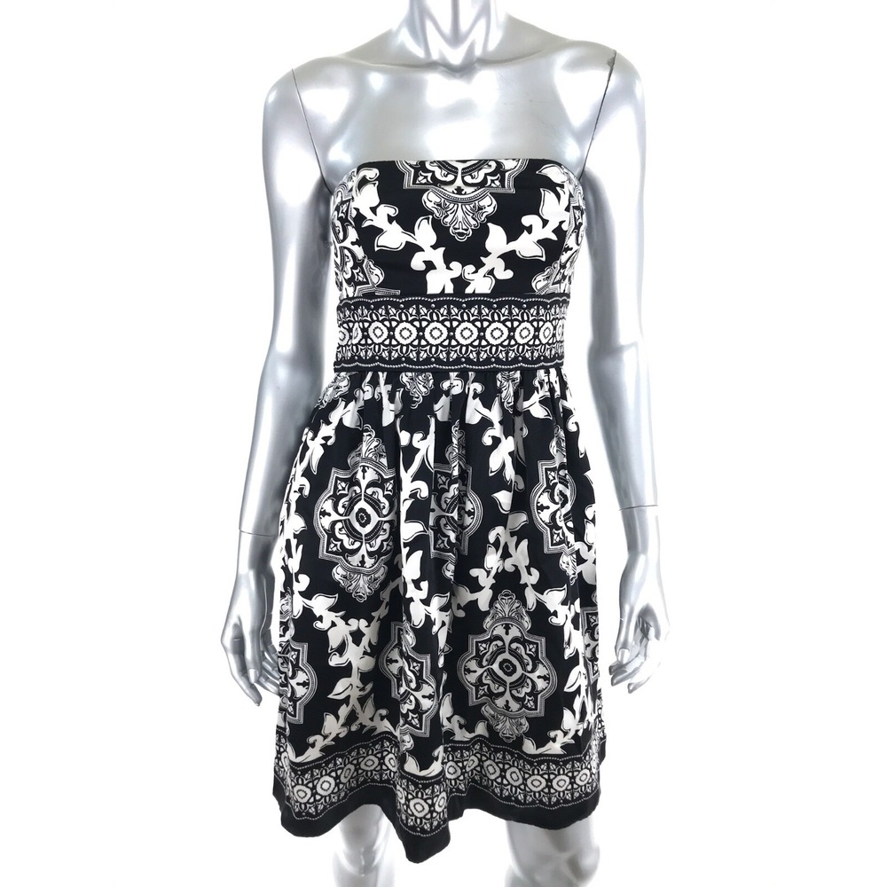 White House Black Market Dress Sz 0 Black White Geometric Strapless Silk Party
